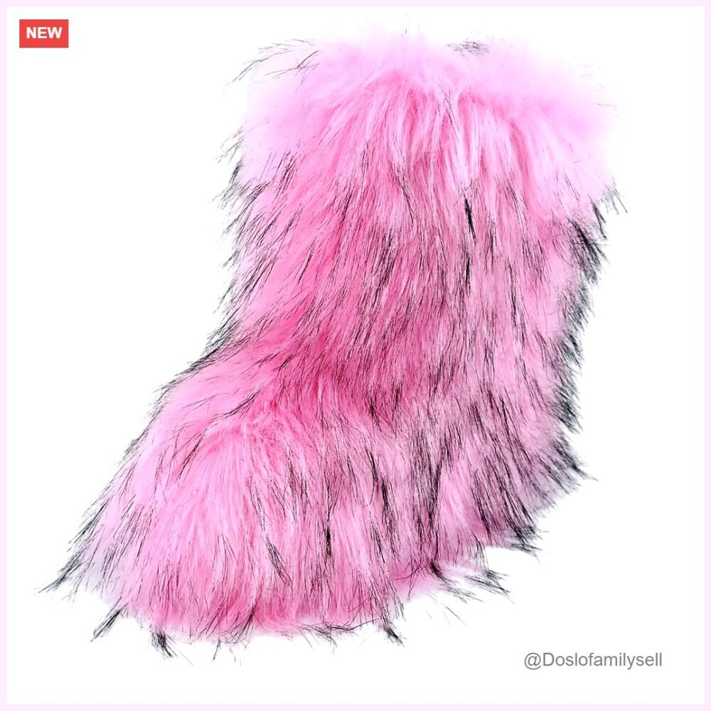 Women's Faux Fur Mid Calf Snow Boots, Winter Warm Fluffy Flat Shoes